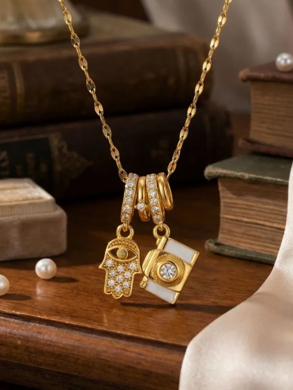 Gold Hamsa and Camera Charm Pendant Necklace - Stainless Steel